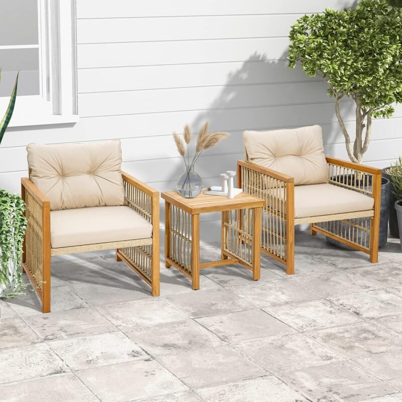 Tangkula 3 Pieces Acacia Wood Patio Furniture Set, PE Wicker Bistro Set with Cushioned Chairs and Coffee Table, Outdoor Conversation Set for Porch, Deck, Balcony, Backyard (Beige) - Imagen 2