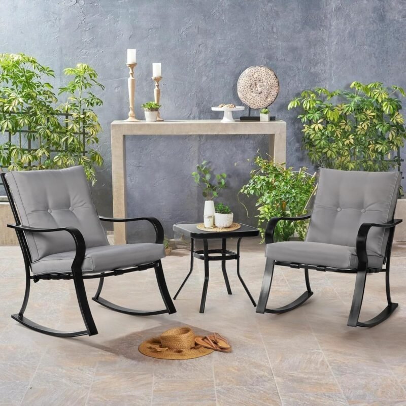 SUNCROWN Outdoor 3-Piece Rocking Chairs Patio Bistro Set Black Steel Furniture with Thickened Cushion and Glass-Top Coffee Table, Grey - Imagen 5