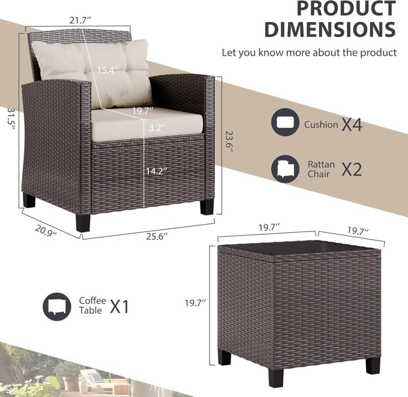 Vongrasig 3 Piece Patio Furniture Set Small Outdoor Wicker Rattan Front Porch Bistro Set Cushioned Patio Chairs Conversation Set with Glass Table for Lawn, Garden, Backyard, Balcony, Poolside (Beige) - Imagen 6