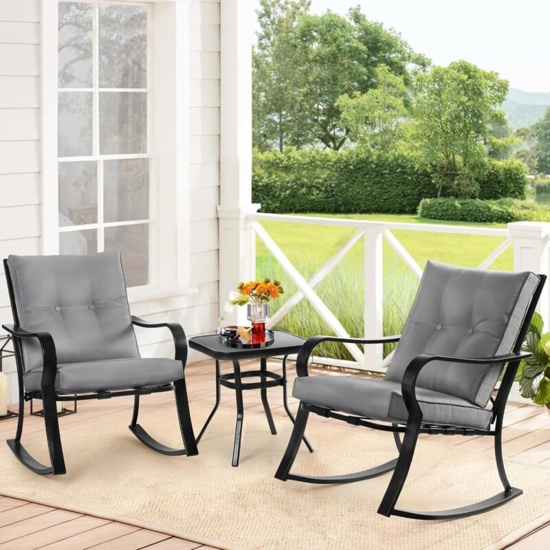 SUNCROWN Outdoor 3-Piece Rocking Chairs Patio Bistro Set Black Steel Furniture with Thickened Cushion and Glass-Top Coffee Table, Grey - Imagen 2