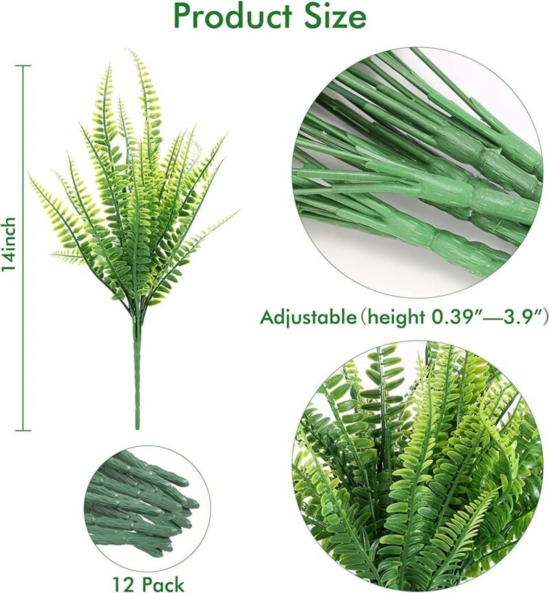 Dremisland 12 Piezas Planta Artificial 40cm Helecho Boston de Falso Arbusto Verdes Plantas de Plástico Resistente UV Rama para Jardinera Patio Boda Jarrones Hogar Jardín Granja - Imagen 4