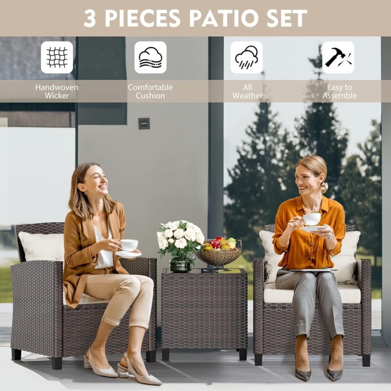 Vongrasig 3 Piece Patio Furniture Set Small Outdoor Wicker Rattan Front Porch Bistro Set Cushioned Patio Chairs Conversation Set with Glass Table for Lawn, Garden, Backyard, Balcony, Poolside (Beige) - Imagen 7