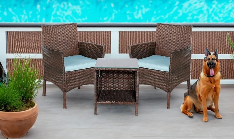BTEXPERT Outdoor Wicker Patio Conversation 3 Piece Bistro Set Garden Yard Porch Furniture Space Saving Rattan Two Chairs Cushions Side Storage Tempered Glass Table Brown 3pc Set - Imagen 7