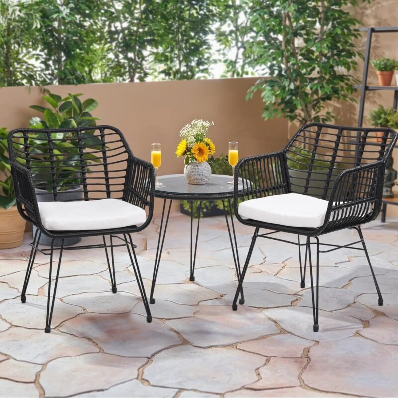 3 Pieces Wicker Patio Bistro Furniture Set, Includes 2 Chairs and Glass Top Table, Ideal for Porch, Outdoor, Backyard, Apartment, Balcony Black Color - Imagen 2