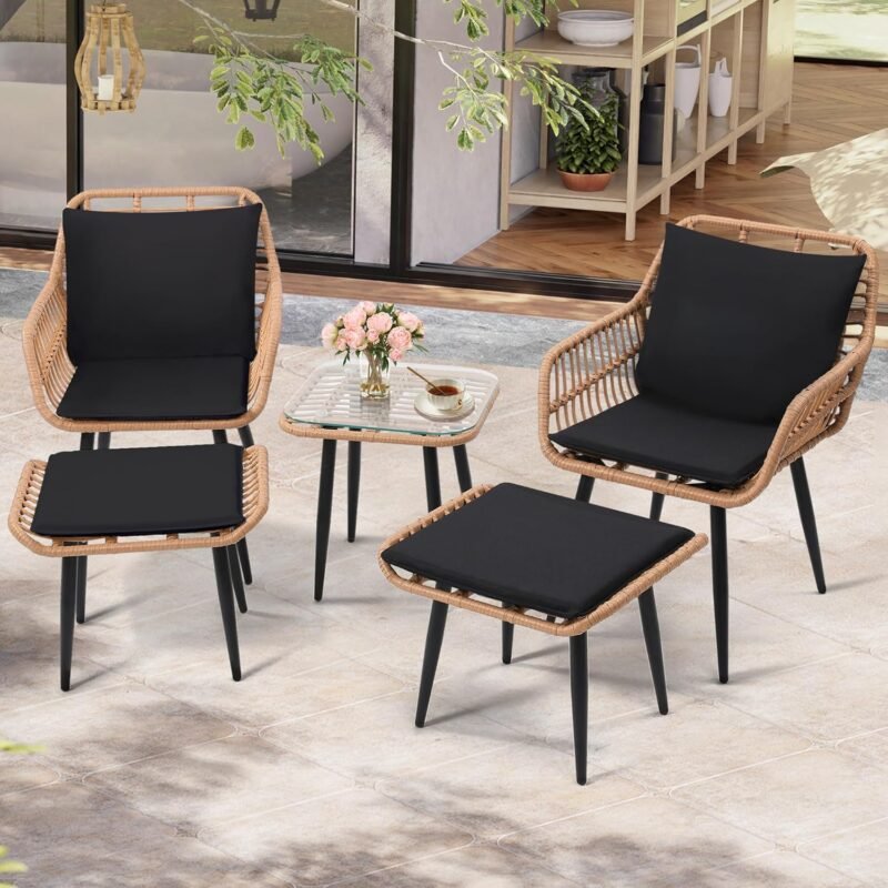 Outdoor Wicker Chairs and Table Bistro Conversation Furniture Set, 5 Pieces with Ottoman for Porch, Balcony, Deck, Patio, Backyard, Natural Color - Imagen 3