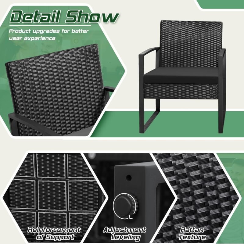 Homall Balcony 3 Piece Furniture Table Garden Backyard Outdoor Patio Use Porch Chairs Cushioned PE Wicker Bistro Set Rattan (Black) - Imagen 4