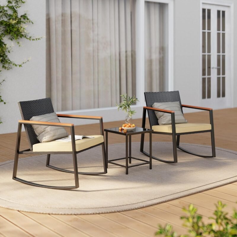 Gizoon 3 Pieces Rocking Patio Bistro Set with Anti-Scald Armrest, Outdoor Patio Wicker Furniture Set with Glass Table and Cushion for Garden, Yard, Porch - Imagen 2