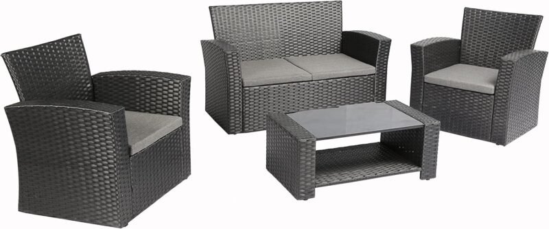 4 Pieces Outdoor Furniture Complete Patio Cushion Wicker P.E Rattan Garden Set, Full, Black - Imagen 13