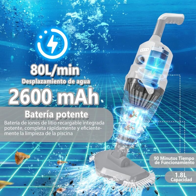 PoolyPoly Aspirador de Piscina Inalámbrica con Succión Fuerte, Limpiafondos Piscina a Bateria con Mango Telescópico, 1,8Litros de Filtro, Aspiradora Manual para Jacuzzi, SPA, Piscina, Gris - Imagen 2