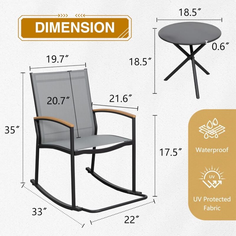JAMFLY 3 Pieces Patio Set Outdoor Patio Furniture Sets, Modern Rocking Bistro Set Textilene Chair Conversation Sets with Detachable Pedal and Coffee Table (Light Gray) - Imagen 4