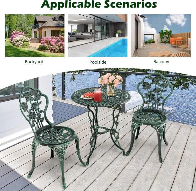 Giantex 3 Piece Bistro Set Cast Aluminum Rose Design Antique Outdoor Patio Furniture Weather Resistant Garden Round Table and Chairs w/Umbrella Hole (Rose Design) - Imagen 9