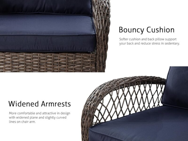 SHA CERLIN 3 Pieces Patio Furniture Set, Outdoor Swivel Glider Rocker, Wicker Patio Bistro Set with Rocking Chair, Cushions and Table (Blue) - Imagen 4