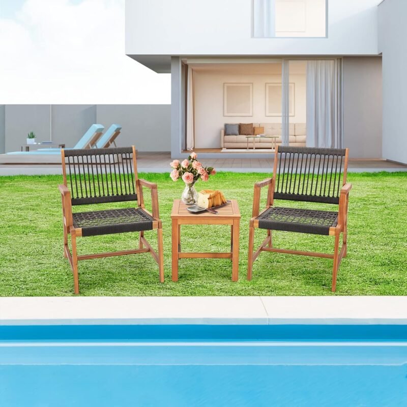 Tangkula 3 Pieces Acacia Wood Outdoor Furniture Set, All-Weather Rope Woven Bistro Set with Armchairs and Coffee Table, Patio Conversation Set for Front Porch, Deck, Balcony - Imagen 8