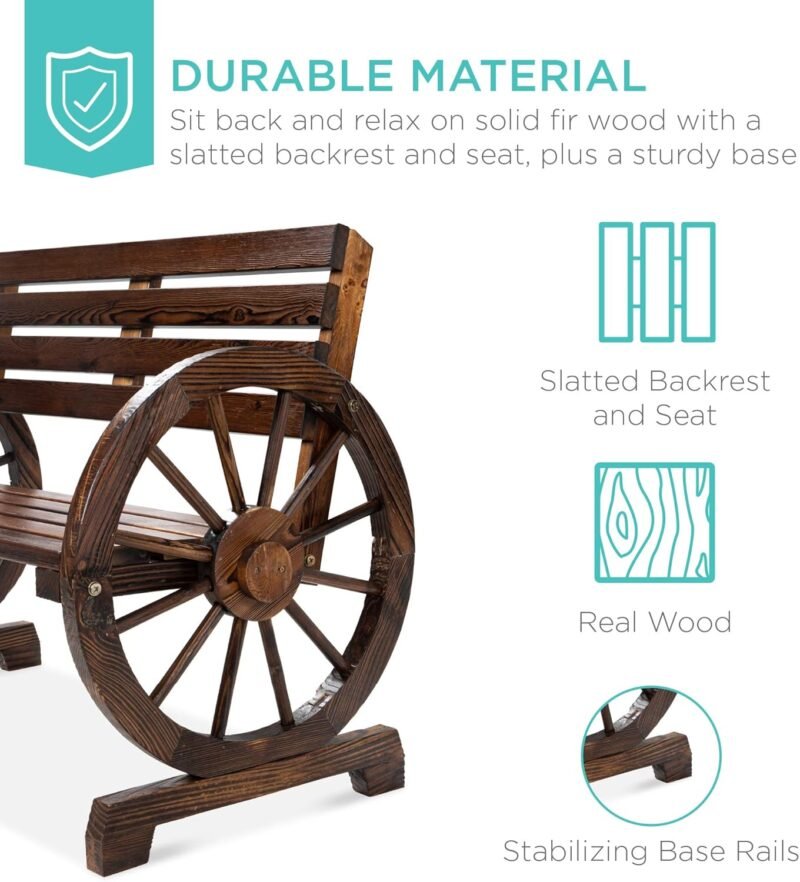 Best Choice Products 2-Person Wooden Wagon Wheel Bench for Backyard, Patio, Porch, Garden, Outdoor Lounge Furniture w/Rustic Country Design, Slatted Seat and Backrest - Brown - Imagen 3