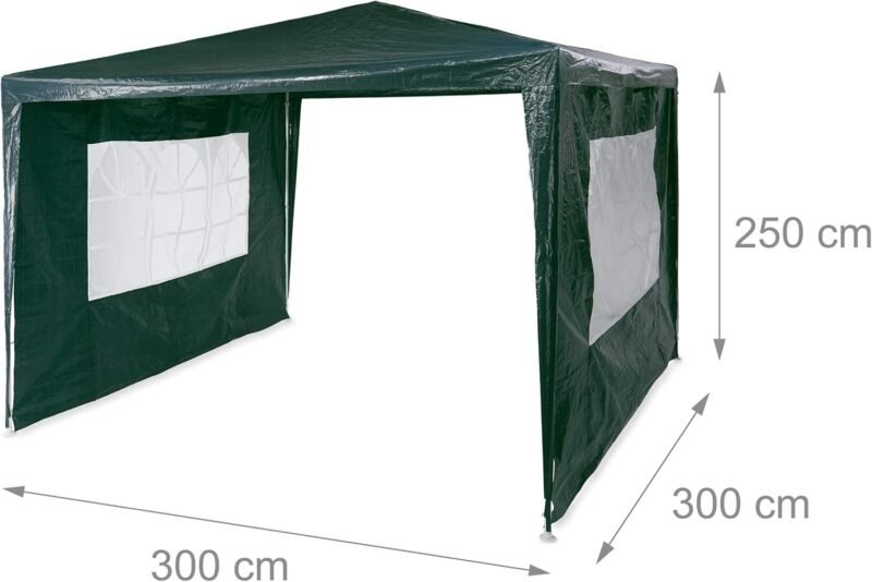 Relaxdays Pavilion 3x3 m, 2 paneles laterales, estructura de metal, lona PE, ventana, carpa de fiesta del festival, cerrada, verde - Imagen 4