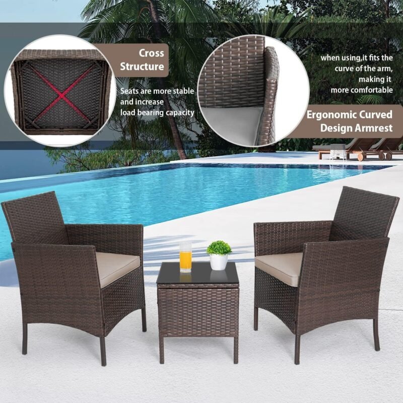 PayLessHere 3-Piece Outdoor Wicker Conversation Bistro Set Outdoor Patio Porch Furniture Sets for Yard, Garden with 2 PE Rattan Wicker Chairs, 2 Cushions,1 coffee table (Khaki) - Imagen 2