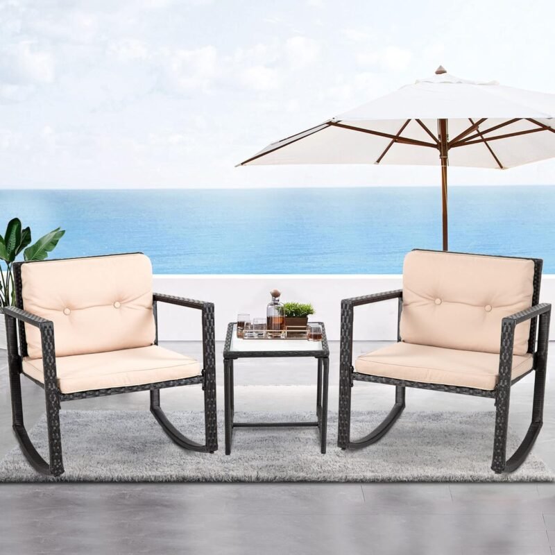 FDW Wicker Patio Furniture Outdoor Bistro Set, Rocking Chair, 3 Piece, Rattan Conversation Set for Backyard Porch Poolside Lawn with Coffee Table,Black - Imagen 7