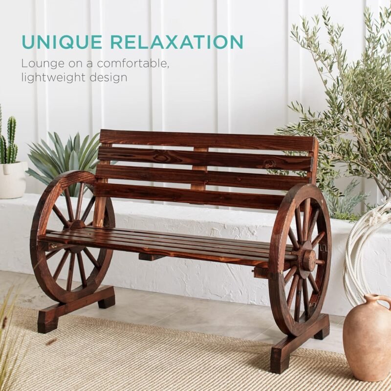 Best Choice Products 2-Person Wooden Wagon Wheel Bench for Backyard, Patio, Porch, Garden, Outdoor Lounge Furniture w/Rustic Country Design, Slatted Seat and Backrest - Brown - Imagen 7