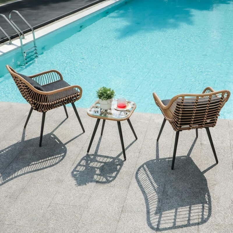 Verano Garden 3 Piece Patio Bistro Set, Outdoor Wicker Conversation Chair Sets Balcony Furniture,Coffee Table with Glass Top, Cushions & Lumbar Pillows for Porch, Backyard, Deck, Poolside - Imagen 7