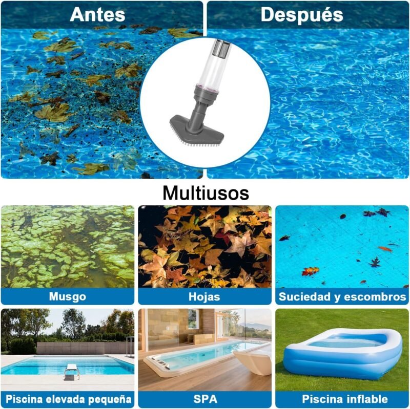 PoolyPoly Aspirador de Piscina Inalámbrico con Batería Recargable, Kit de Limpiafondos de Piscina con Skimmer, Cepillo, Estropajo, Aspirador Manual para SPA, Jacuzzi, Piscina Pequeña, Gris - Imagen 3