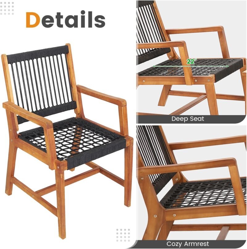 Tangkula 3 Pieces Acacia Wood Outdoor Furniture Set, All-Weather Rope Woven Bistro Set with Armchairs and Coffee Table, Patio Conversation Set for Front Porch, Deck, Balcony - Imagen 5