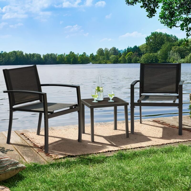 Greesum 3 Pieces Patio Furniture Outdoor Bistro Set Textilene Fabric Chairs for Lawn, Garden, Balcony, Poolside with A Glass Coffee Table, Black - Imagen 3