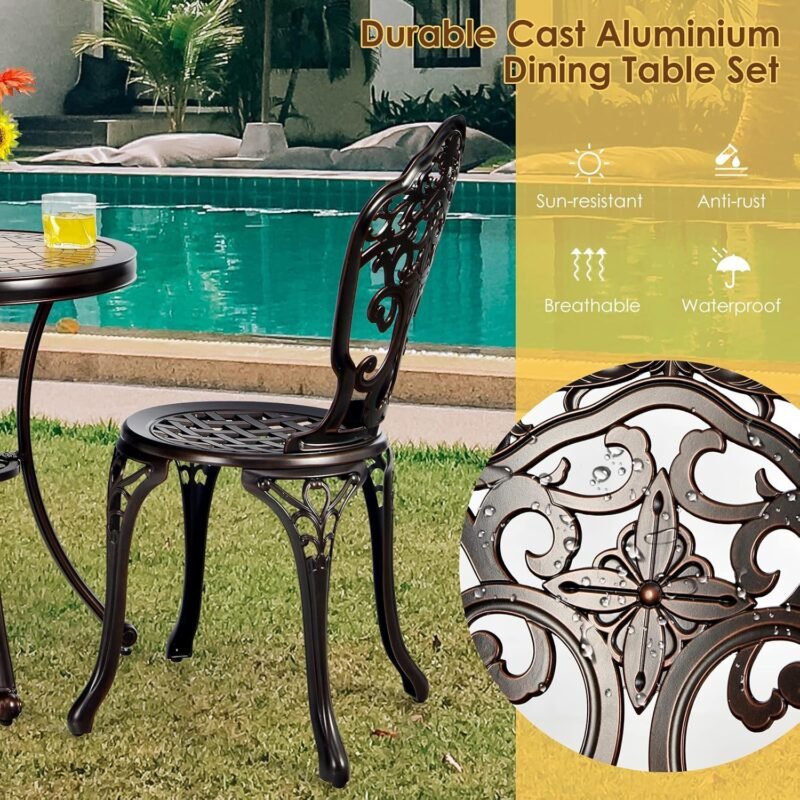 Giantex 3 Piece Patio Bistro Set, Cast Aluminum Patio Table and Chairs with Adjustable Feet, Outdoor Dining Chairs and Table Set for Lawn Porch Garden Balcony Backyard Poolside (Red Copper) - Imagen 7
