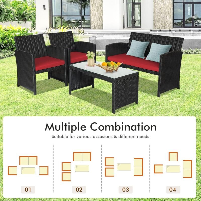 Goplus Rattan Patio Furniture Set 4 Pieces, Outdoor Wicker Conversation Sofa and Table Set with Soft Cushions & Tempered Glass Coffee Table for Balcony Garden Backyard (Red) - Imagen 3