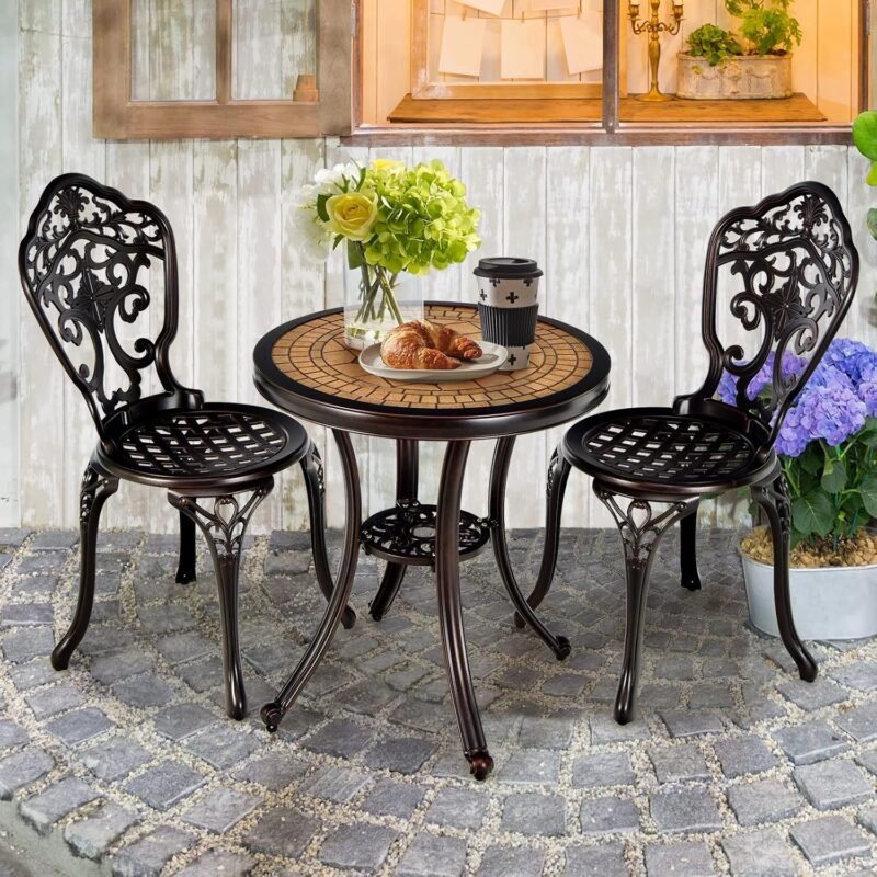 Giantex 3 Piece Patio Bistro Set, Cast Aluminum Patio Table and Chairs with Adjustable Feet, Outdoor Dining Chairs and Table Set for Lawn Porch Garden Balcony Backyard Poolside (Red Copper) - Imagen 2