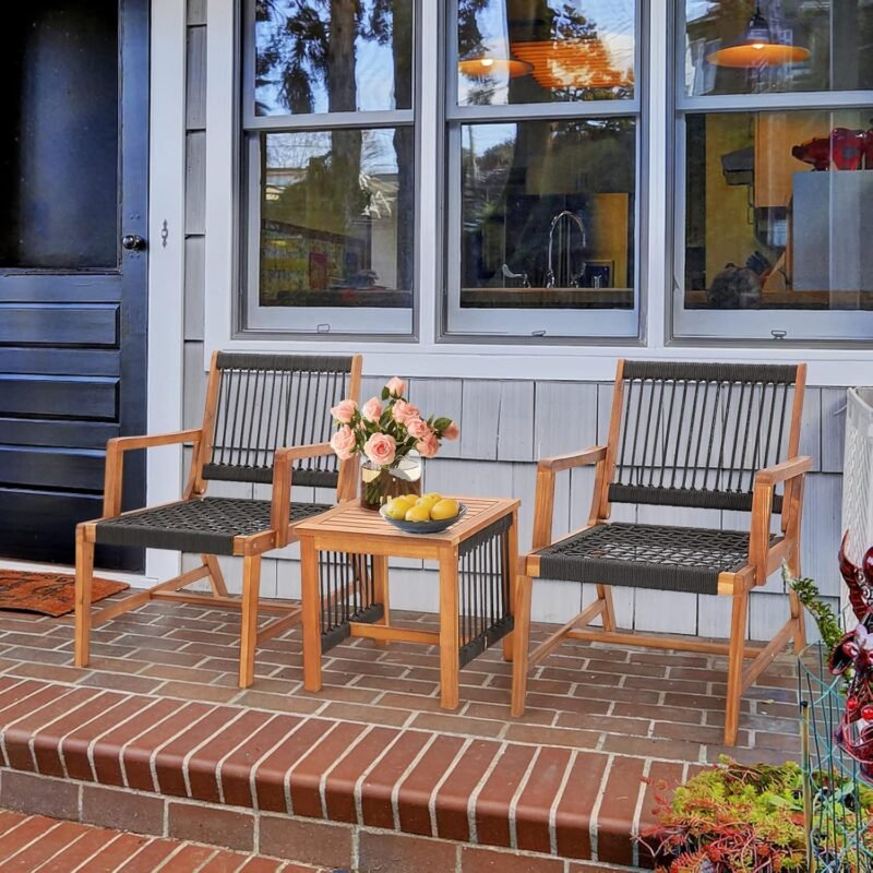 Tangkula 3 Pieces Acacia Wood Outdoor Furniture Set, All-Weather Rope Woven Bistro Set with Armchairs and Coffee Table, Patio Conversation Set for Front Porch, Deck, Balcony - Imagen 2