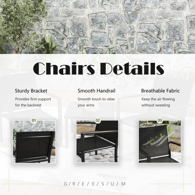 Greesum 3 Pieces Patio Furniture Set Outdoor Conversation Textilene Fabric Chairs for Lawn, Garden, Balcony, Poolside with A Glass Coffee Table, Black - Imagen 4