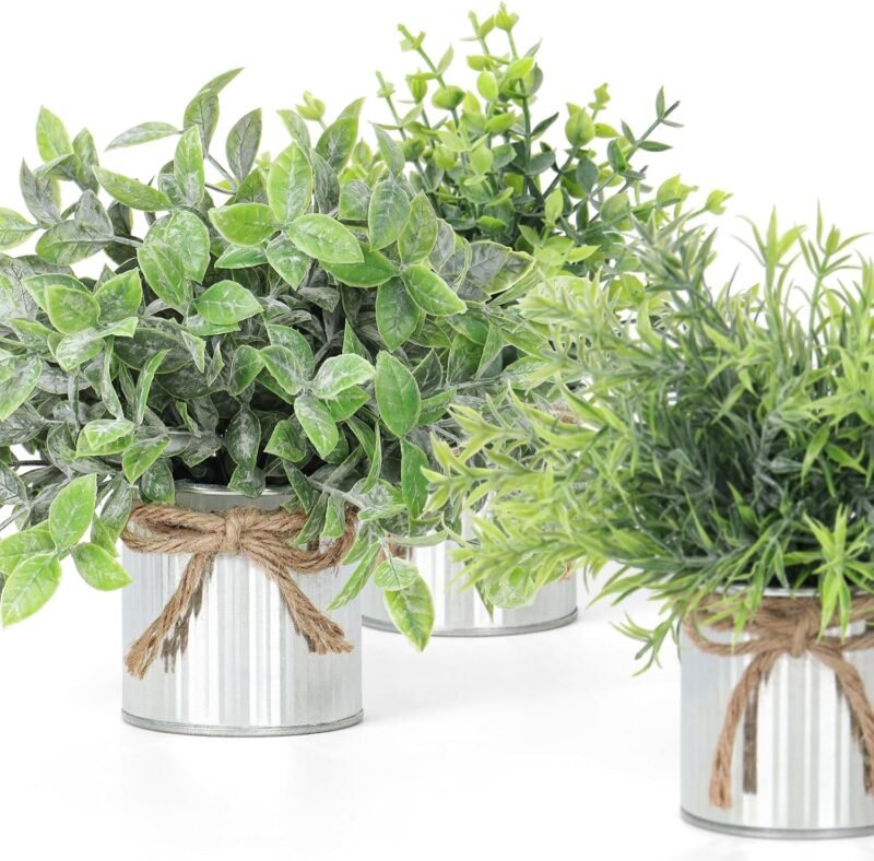 SOMYTING 3 Plantas Artificiales Artificiales de Metal en Maceta, Plantas Decorativas Verdes en macetas Blancas, Plantas Decorativas pequeñas Plantas Artificiales eucalipto para el hogar Dormitorio - Imagen 3