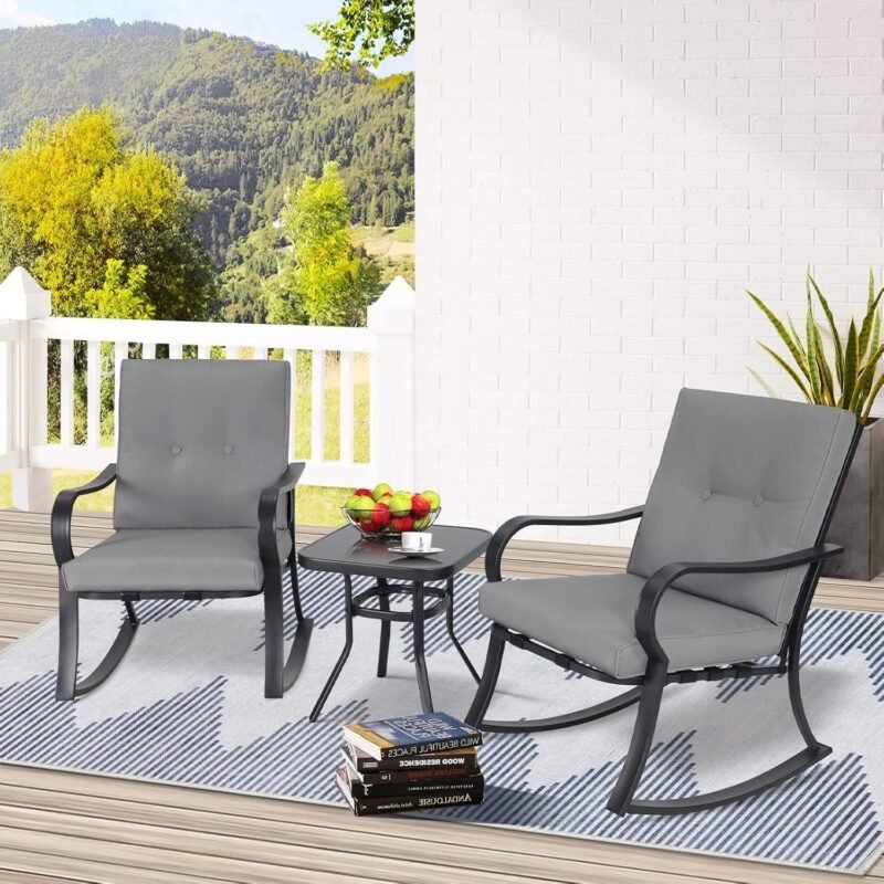 SUNCROWN Outdoor 3-Piece Rocking Chairs Patio Bistro Set Black Steel Furniture with Thickened Cushion and Glass-Top Coffee Table, Grey - Imagen 3