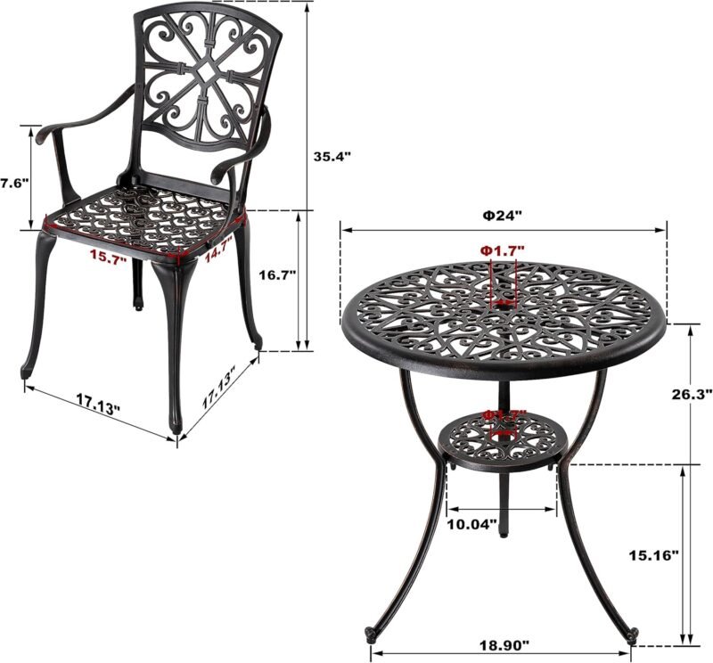 NUU GARDEN 3 Piece Outdoor Bistro Set Cast Aluminum Patio Set Bistro Table Set Rustproof Patio Table and Chairs with Umbrella Hole for Backyard, Balcony, Front Porch, Black - Imagen 6