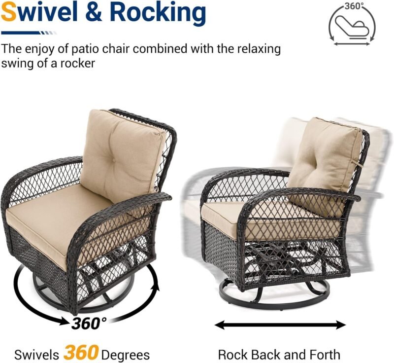 UDPATIO 3 Pieces Patio Furniture Set, Outdoor Swivel Gliders Rocker, Wicker Patio Bistro Set with Rattan Rocking Chair, Glass Top Side Table and Thickened Cushions for Porch Deck Backyard (Khaki) - Imagen 3