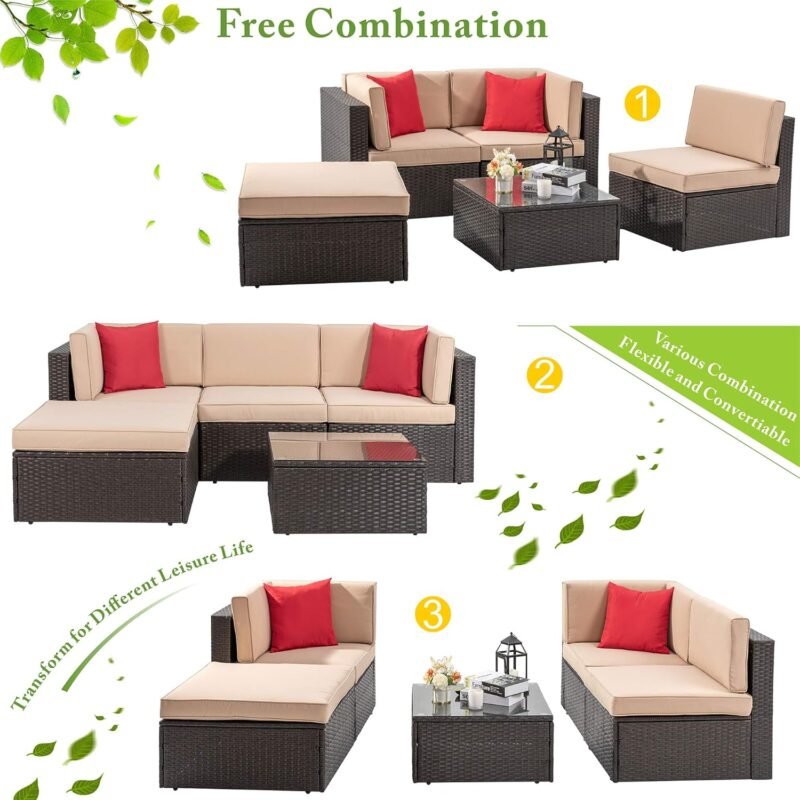 Vongrasig 5 Piece Patio Furniture Sets, All-Weather Brown PE Wicker Outdoor Couch Sectional Set, Small Conversation Set for Garden/Patio w/Ottoman, Glass Table, Red Pillow, Beige - Imagen 5