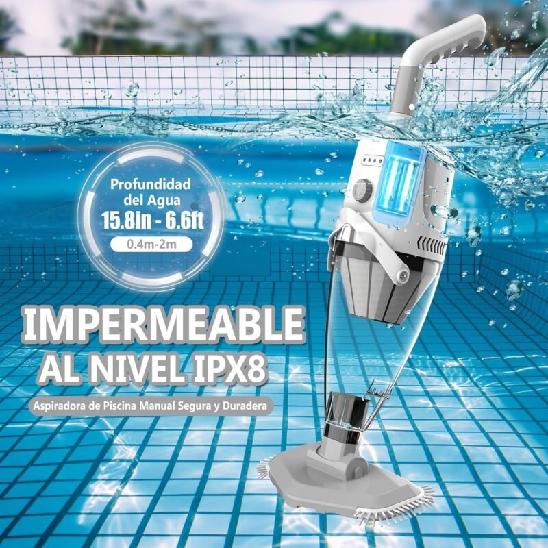 PoolyPoly Aspirador de Piscina Inalámbrica con Succión Fuerte, Limpiafondos Piscina a Bateria con Mango Telescópico, 1,8Litros de Filtro, Aspiradora Manual para Jacuzzi, SPA, Piscina, Gris - Imagen 6