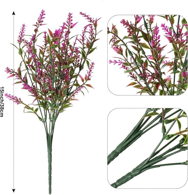 WILLBOND 12 Paquetes arbustos de Lavanda Artificial Flores Artificiales para Lavanda Verde Artificial Plantas Resistentes a los Rayos UV para arreglo Floral, Centro de Mesa, jardín casa (Fucsia) - Imagen 6