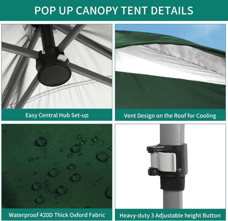 YITAHOME Carpa Plegable Gazebo 3X3 m, Cenador Impermeable Pabellón De Jardín y 4 Bolsas de Arena, Protección UV Altura Ajustable con Bolsa con Ruedas para Camping, Fiestas, Exterior, Verde - Imagen 4