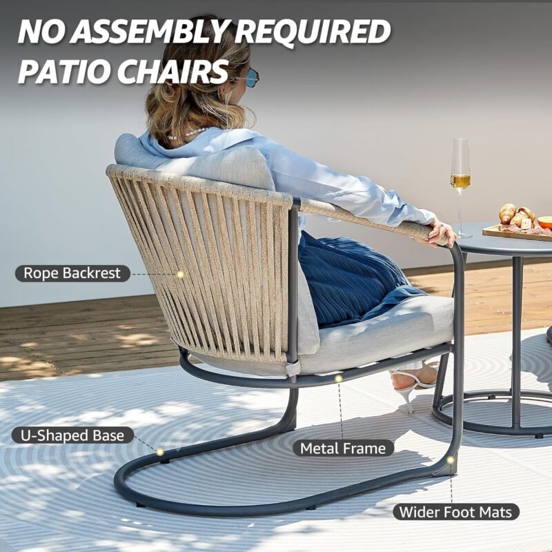 NATURAL EXPRESSIONS Outdoor Bistro Set, 3 Piece Patio Furniture Rocking Chairs Set of 2, No Assembly Required Balcony Porch Chair Metal Table 9" Thick Cushion for Backyard,Garden,Poolside,Deck, 350lbs - Imagen 5