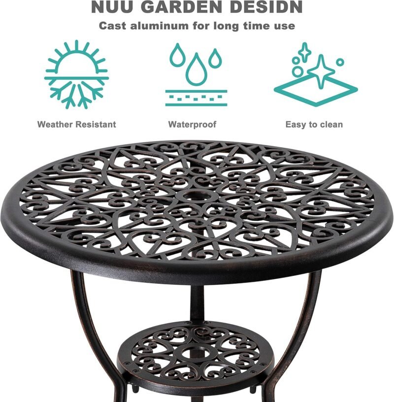NUU GARDEN 3 Piece Outdoor Bistro Set Cast Aluminum Patio Set Bistro Table Set Rustproof Patio Table and Chairs with Umbrella Hole for Backyard, Balcony, Front Porch, Black - Imagen 5