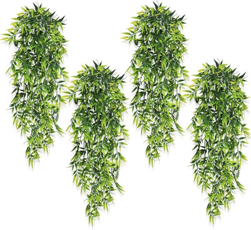 ROLLWAY 4 Piezas Plantas Artificiales Colgantes de Hoja de Bambú Natural para Habitación Salón Jardín Terraza Pared