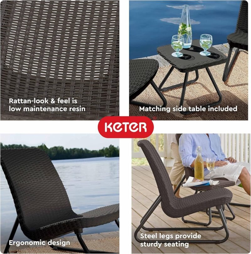 Keter Rio 3 Piece Resin Wicker Patio Furniture Set with Side Table and Outdoor Chairs for Front Porch and Backyard Decor, Dark Grey - Imagen 5