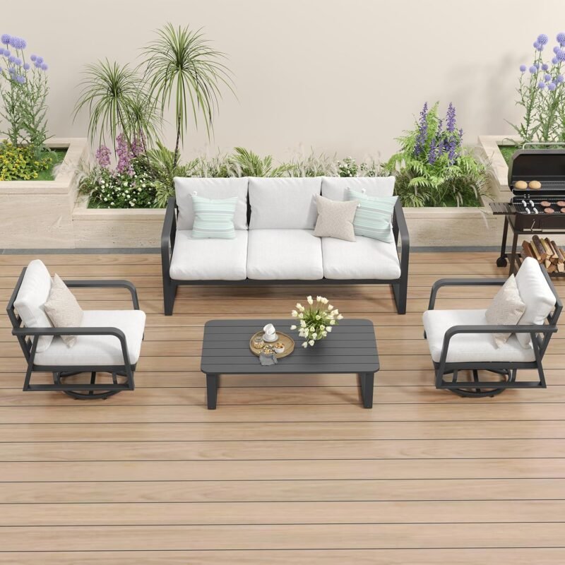 Outdoor Aluminum Patio Furniture Set 4 Piece, Swivel Rocking Chairs, All Weather Outdoor Aluminum Sofa, Patio Bistro Set for Patio, Porch, Deck(Silver Gray) - Imagen 4