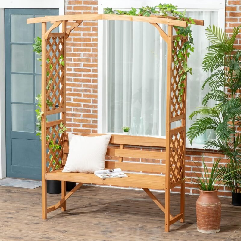 Outsunny Patio Garden Bench Arbor Arch with Pergola and 2 Trellises, 3 Seat Natural Wooden Outdoor Bench for Grape Vines & Climbing Plants, Backyard Decor, Brown - Imagen 2