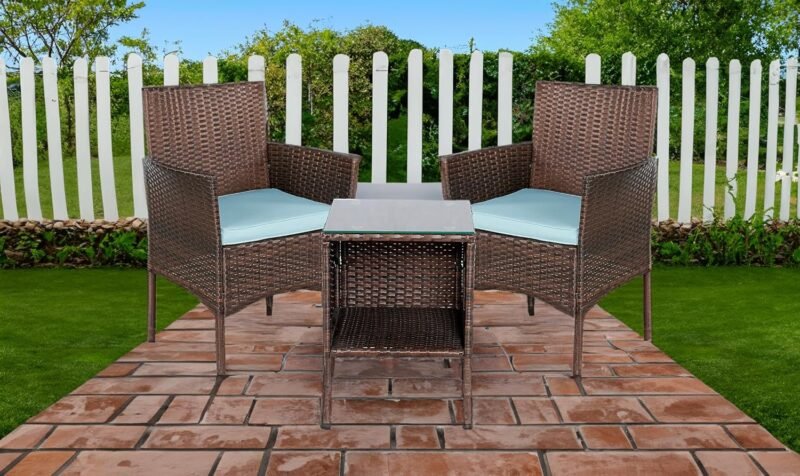 BTEXPERT Outdoor Wicker Patio Conversation 3 Piece Bistro Set Garden Yard Porch Furniture Space Saving Rattan Two Chairs Cushions Side Storage Tempered Glass Table Brown 3pc Set - Imagen 2