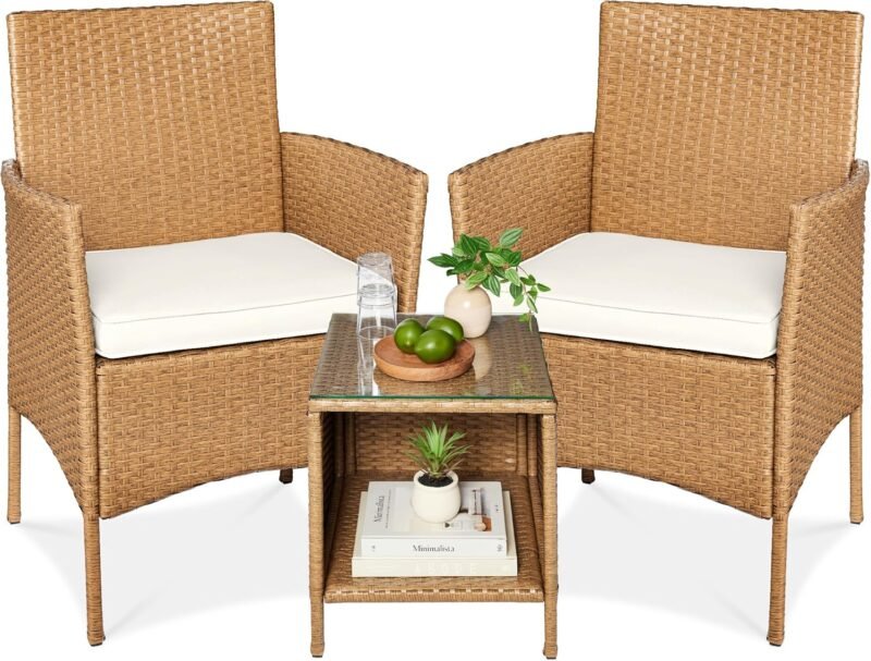 Best Choice Products 3-Piece Outdoor Wicker Conversation Bistro Set, Space Saving Patio Furniture for Garden w/Side Table - Natural/Ivory