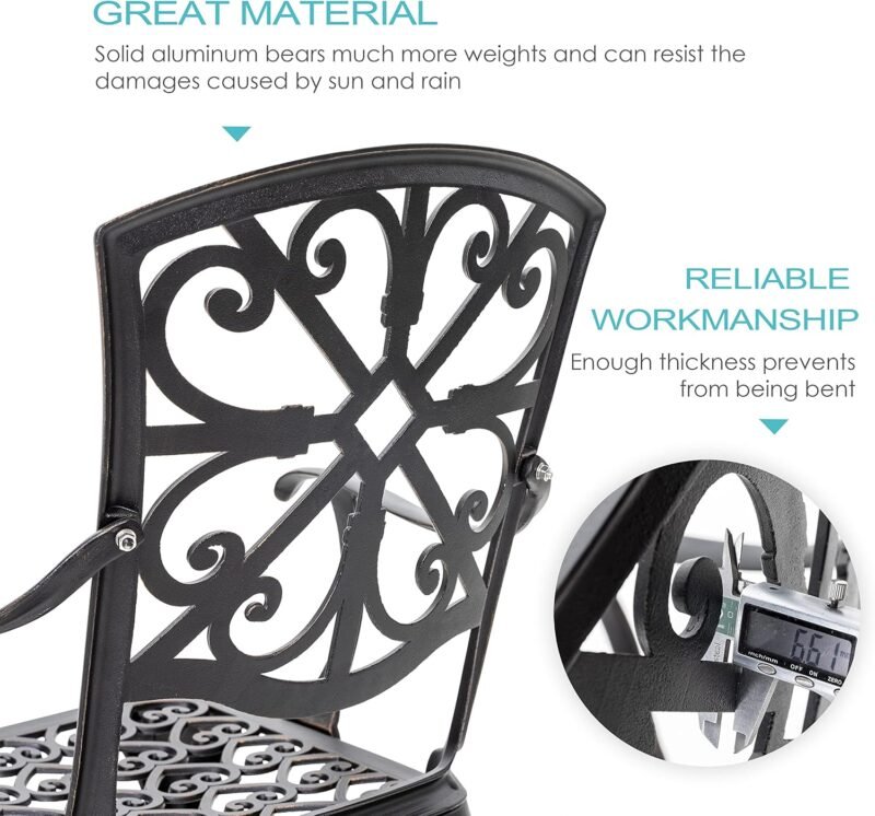 NUU GARDEN 3 Piece Outdoor Bistro Set Cast Aluminum Patio Set Bistro Table Set Rustproof Patio Table and Chairs with Umbrella Hole for Backyard, Balcony, Front Porch, Black - Imagen 4