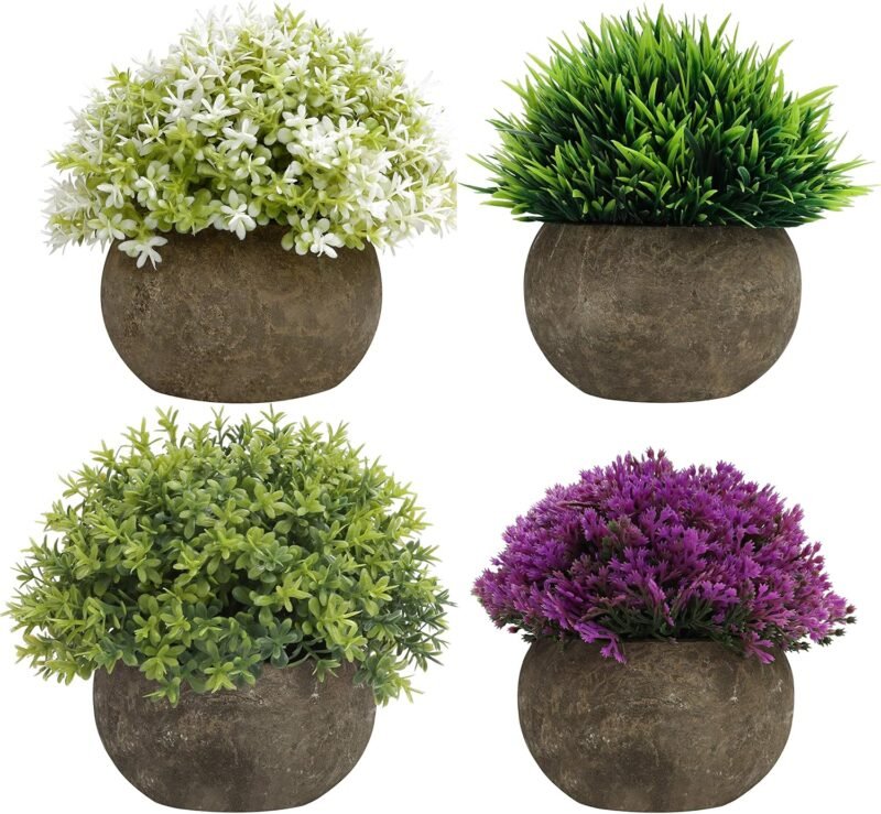 BELLE VOUS Mini Plantas Artificiales Decorativas Verde, Purpura y Blanco (Pack de 4) Macetas Artificiales Decoracion para el Hogar, Oficina, Baño, Cocina, Escritorio, Repisa y Planta Artificial Mesa