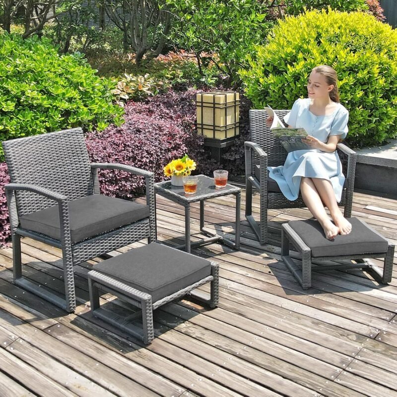 Patiorama 5 Piece Outdoor Patio Wicker Furniture Set, All Weather Grey PE Rattan Chair and Ottoman Footstool Set, W/Coffee Table, Cushions (Dark Grey) for Garden, Balcony, Porch, Space Saving Design - Imagen 9